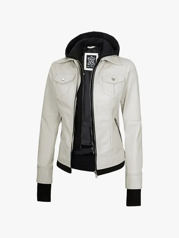Off White Women’s Removable Hood Motorcycle Leather Jacket