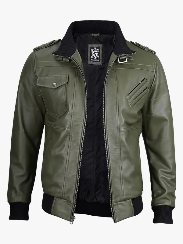 Olive Green Bomber Leather Jacket Men