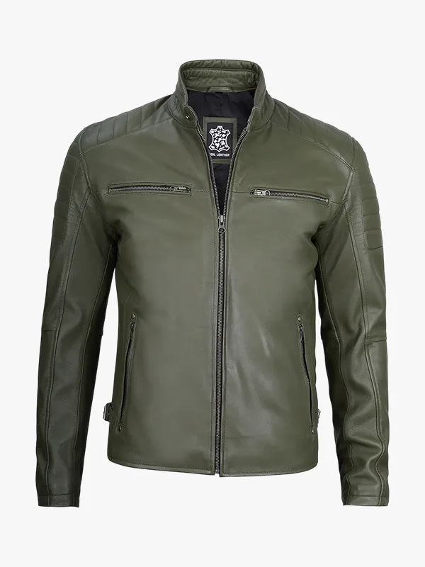 Olive Green Cafe Racer Leather Jacket Mens Biker Jacket