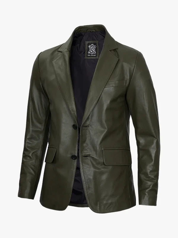 Olive Leather Coat with Buttons