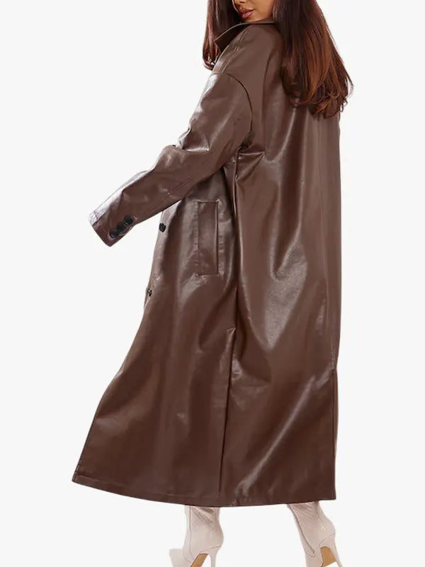 Oversized Double Breasted Leather Trench Chocolate Coat