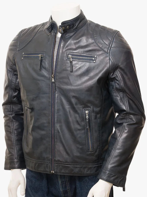 PUTSBOROUGH Navy Leather Biker Jacket