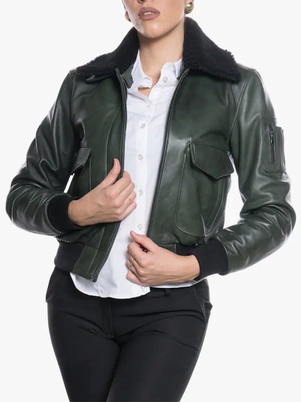 Pilot Green Sheepskin Collar Jacket For Women's
