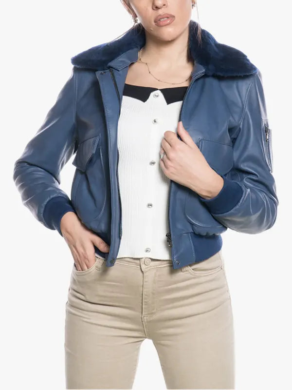 Pilot Style Bomber Jacket for Women – Blue Edition