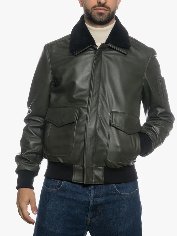 Pilota Olive Green Jacket With Black Shearling Collar