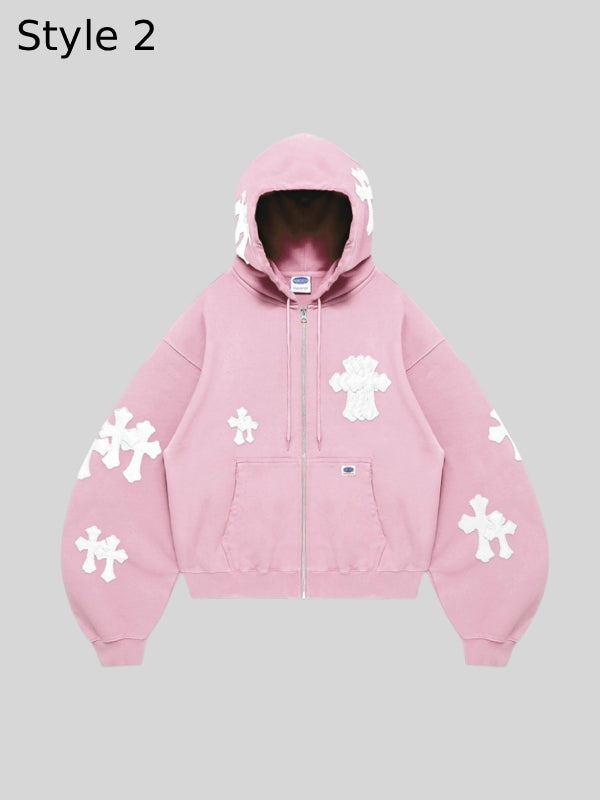 Pink Cross Zipper Hoodie