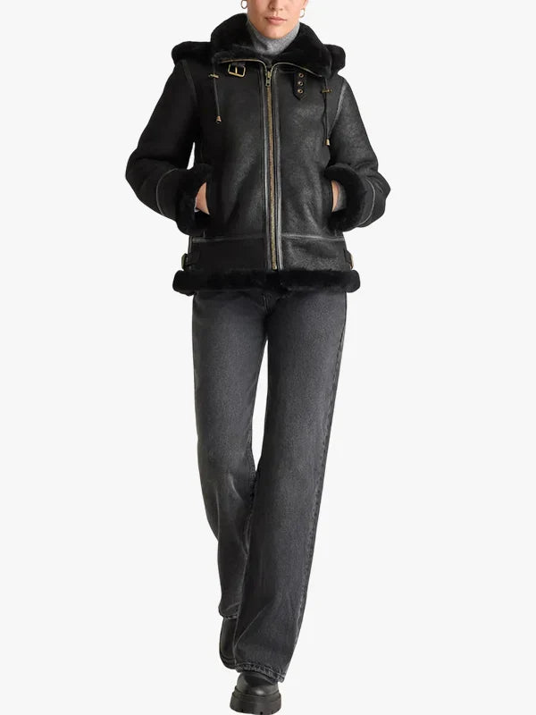 Quince 100% Shearling Cold Weather Black Bomber Hooded Jacket For Women's