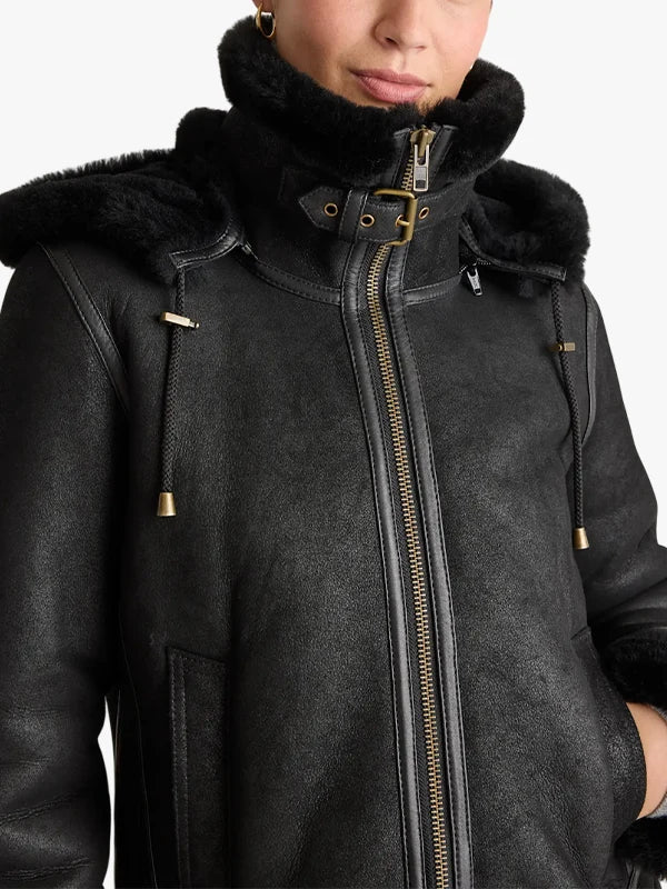 Quince 100% Shearling Cold Weather Women Bomber Black Jacket