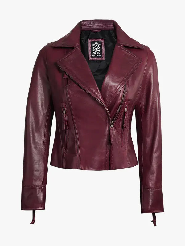 Ramsey Women's Burgundy Asymmetrical Waxed Biker Leather Jacket
