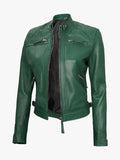 Real Lambskin Green Biker Jacket For Women