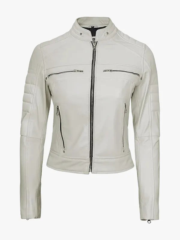 Real Lambskin Leather Off White Biker Jacket Women’s