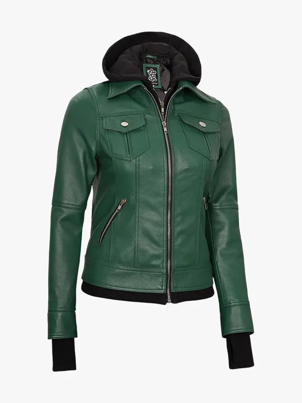 Removable Green Hooded Jacket For Women