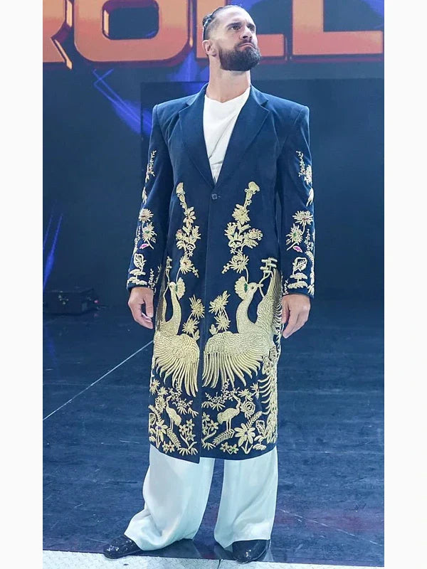 Seth Rollins Embroidered Golden Peacock Long Coat