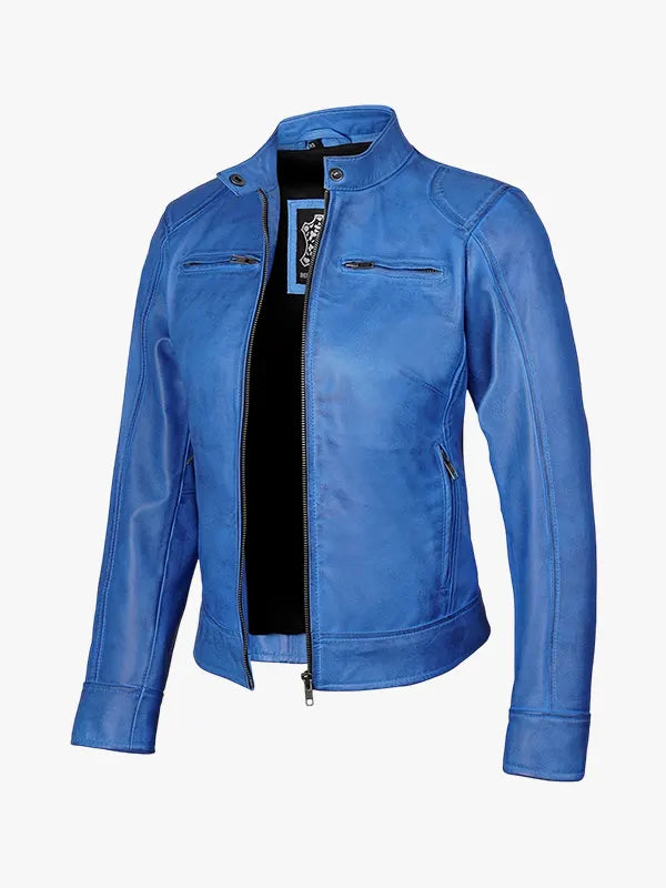 Sky Blue Waxed Leather Moto Jacket Women