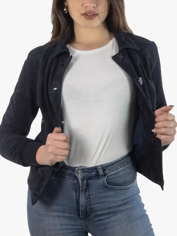 Slim Fit Blue Suede Bomber Jacket for Women
