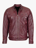 Stand Collar Real Lambskin Burgundy Leather Biker Jacket For Men's