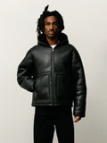 Stussy Black Leather Shearling Hooded Jacket