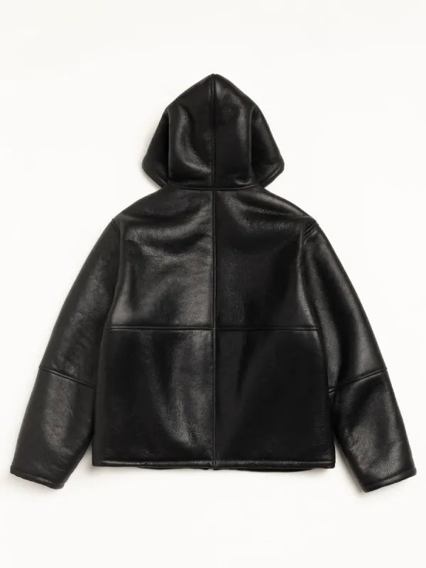 Stussy Shearling Black Hooded Leather Jacket