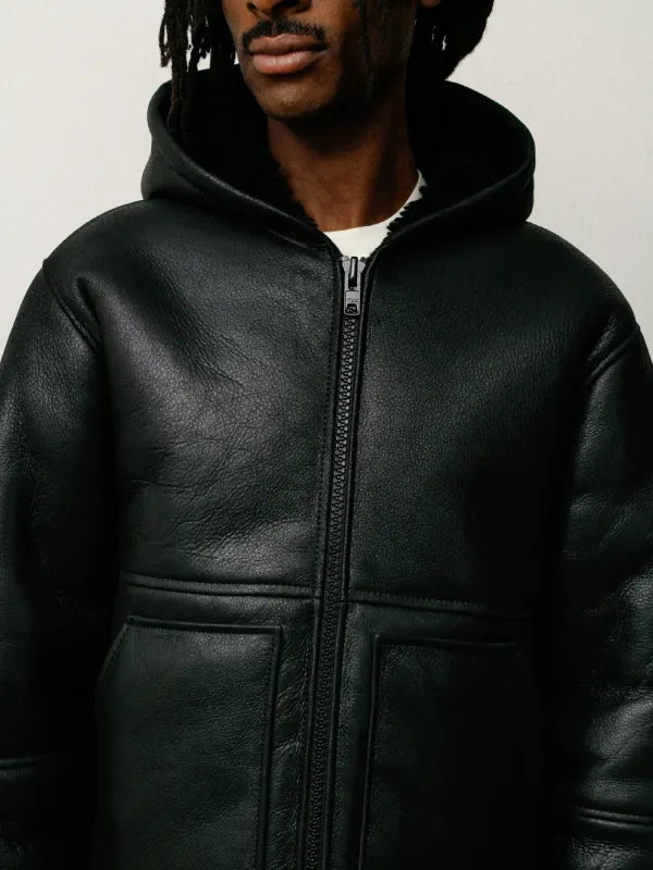 Stussy Shearling Black Leather Hooded Jacket
