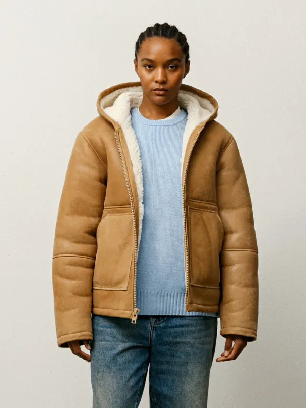 Stussy Shearling Tan Hooded Leather Jacket