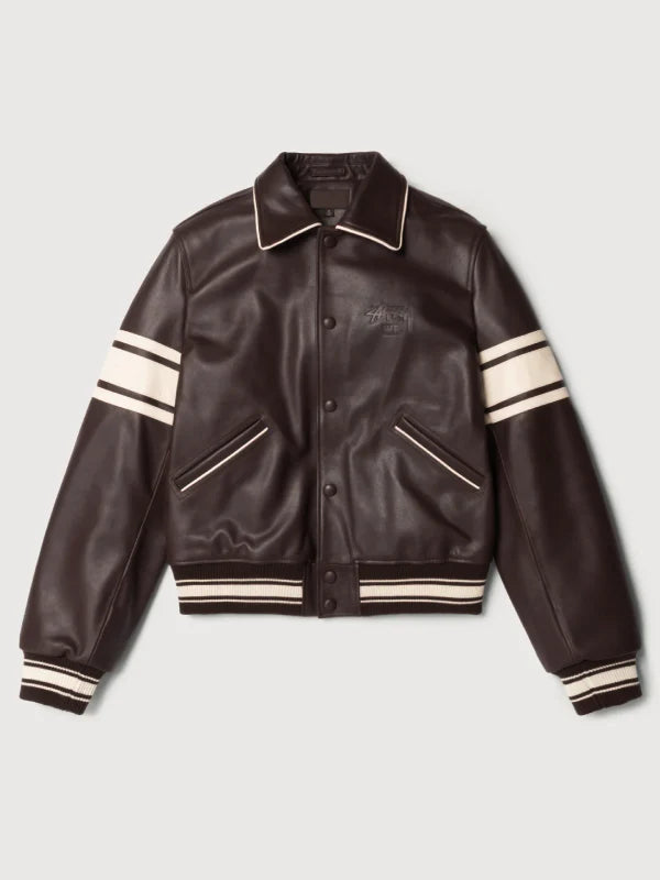 Stussy Wales Bonner Leather Varsity Jacket Brown