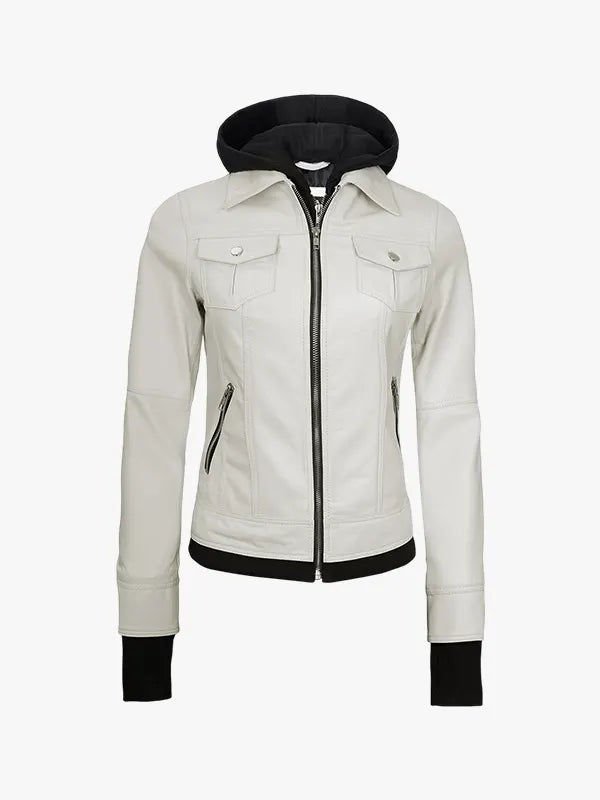 Stylish Women’s Off White Leather Jacket with Removable Hood