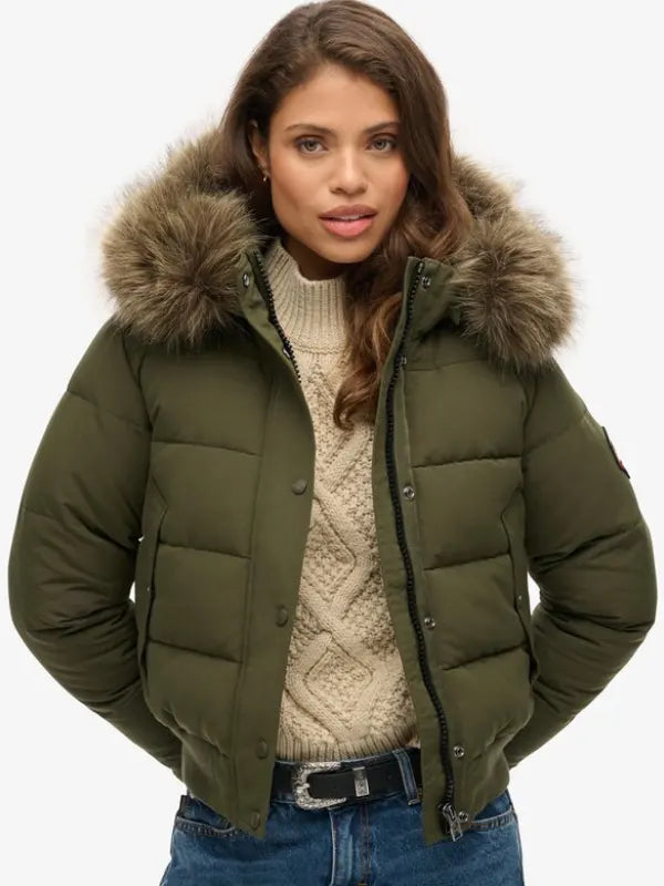 Superdry Everest Faux Fur Hooded Bomber Jacket Green