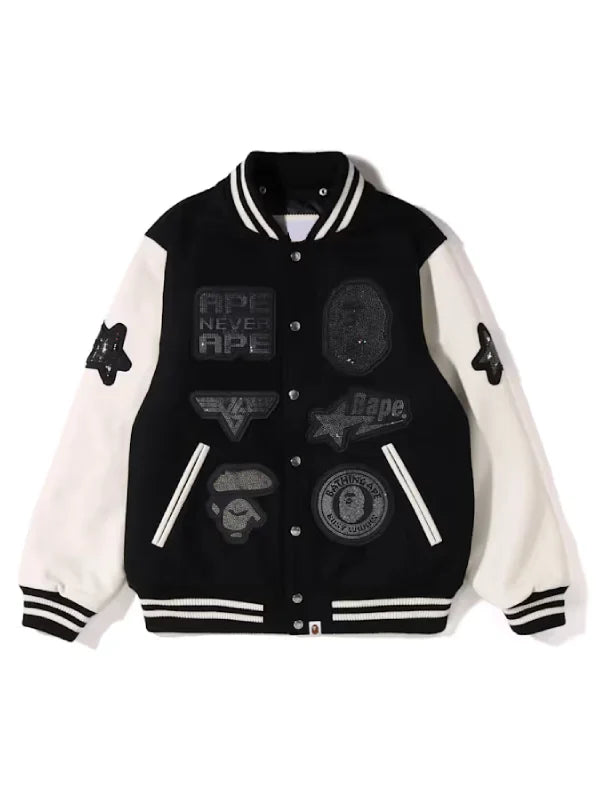 Swarovski x A Bathing Ape Shark Hooded Varsity Jacket Black and White