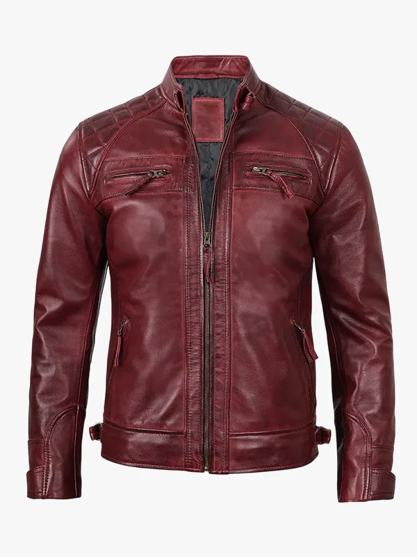 Tall Men Real Leather Burgundy Biker Jacket