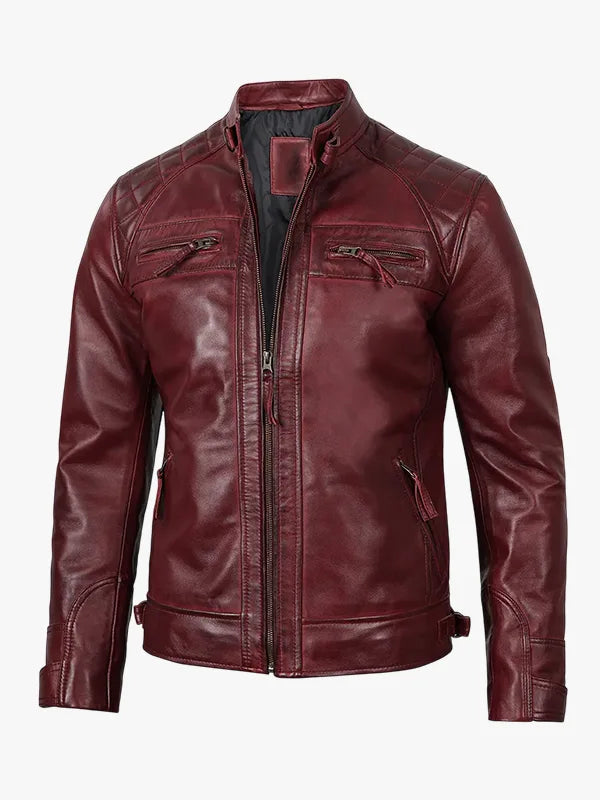 Tall Men's Leather Burgundy Biker Jacket