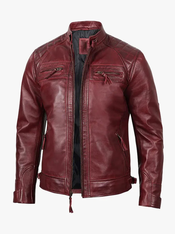 Tall Men's Real Leather Burgundy Biker Jacket
