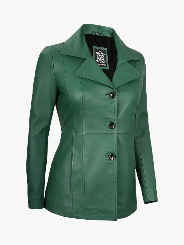 Three Button Green Asymmetrical Blazer For Womens