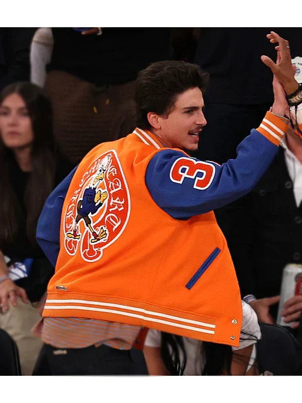 Timothee Chalamet Chrome Hearts Orange and Blue Jacket