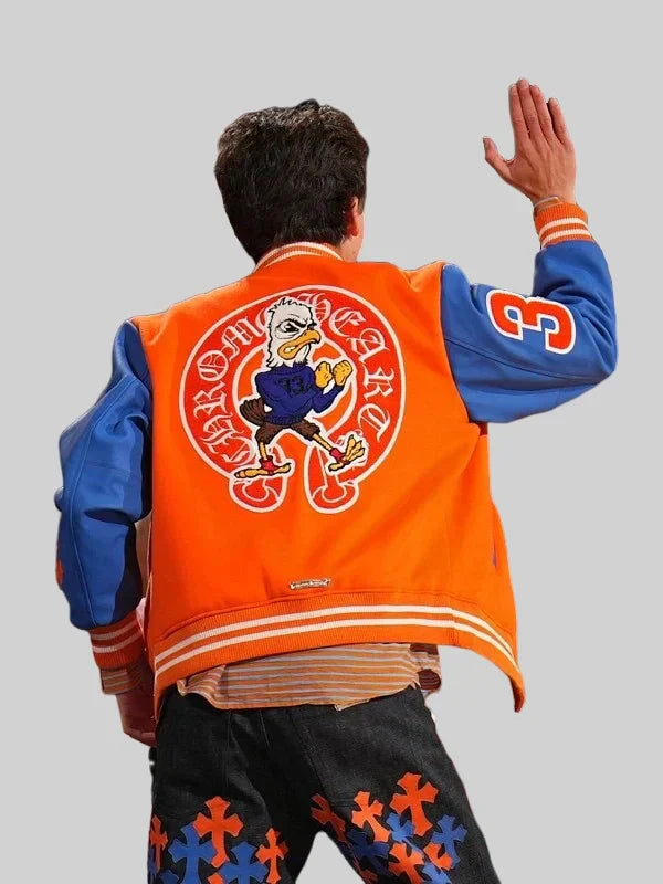 Timothee Chalamet Chrome Hearts Varsity Jacket Orange and Blue