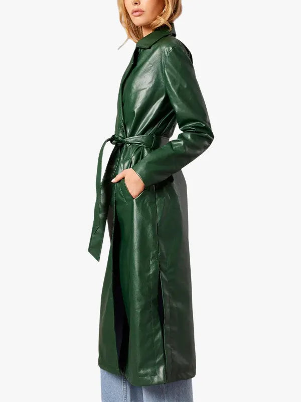 Trench Coat Long Sleeves Faux Leather