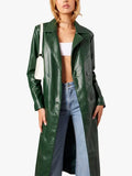 Trench Green Coat Long Sleeves Faux Leather