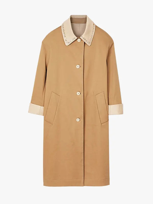 Trench coat with rhinestone collar