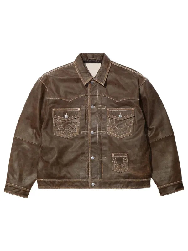 True Religion Supreme Leather Trucker Jacket Brown