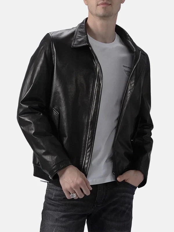 Turn Down Collar Black Leather Jacket Mens