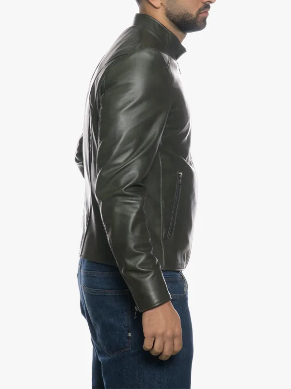 U09 Mens Genuine Leather Jacket Olive Green