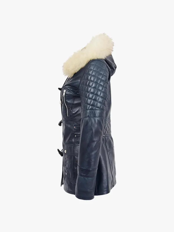 Valerie Ladies Blue Hooded Shearling Jacket