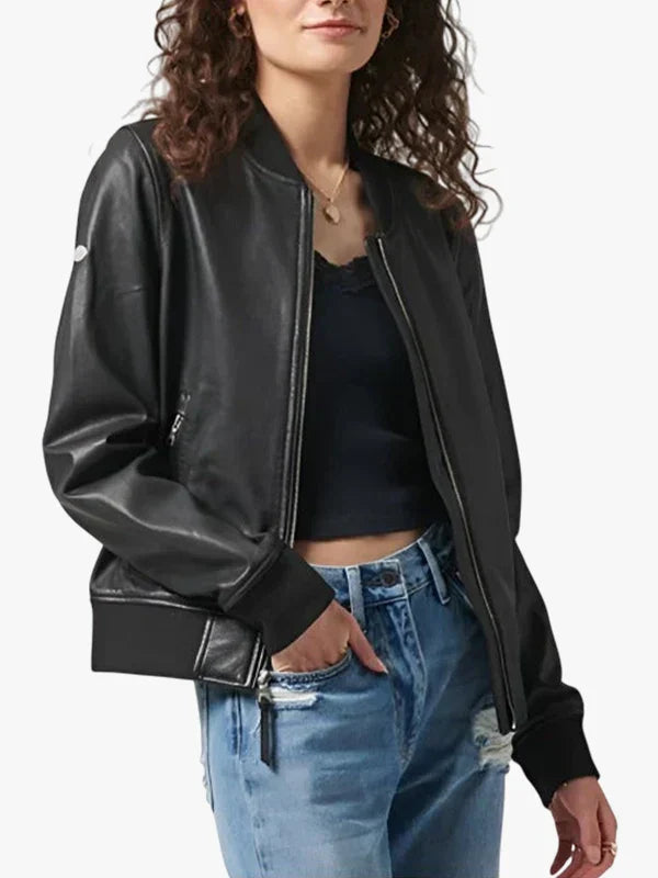 Vanilla Women's Black Leather Bomber Jacket