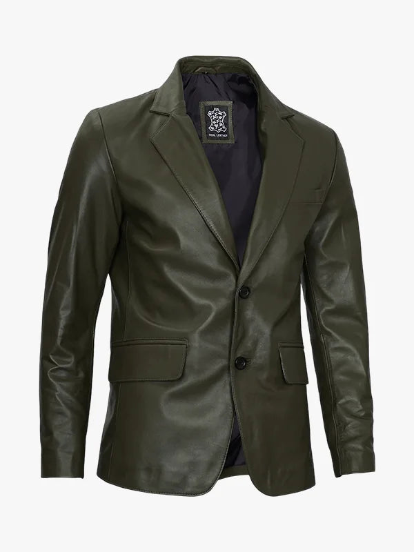 Vintage Olive Leather Blazer Men