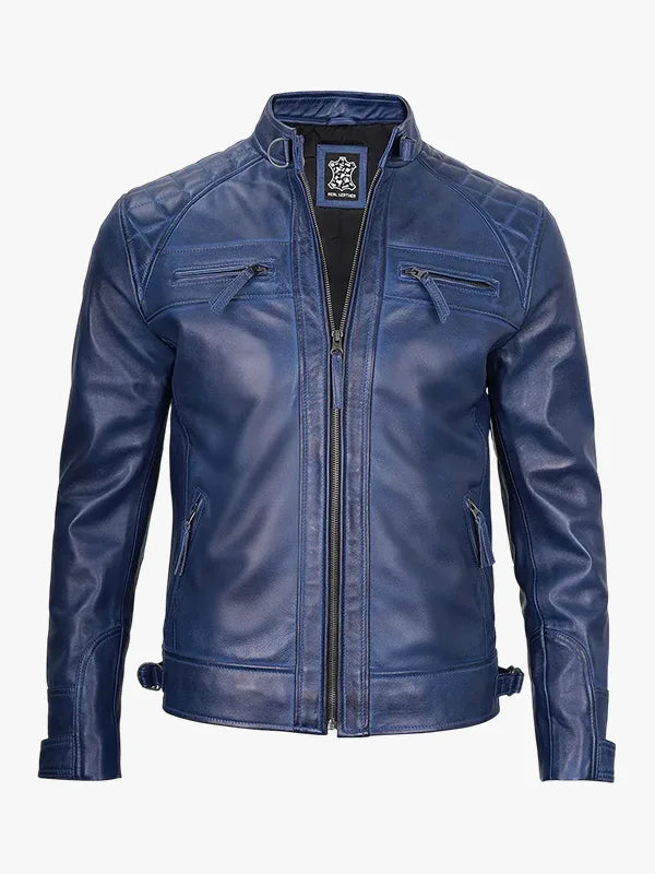 Waxed Quilted Shoulder Café Racer Leather Blue Jacket Men's