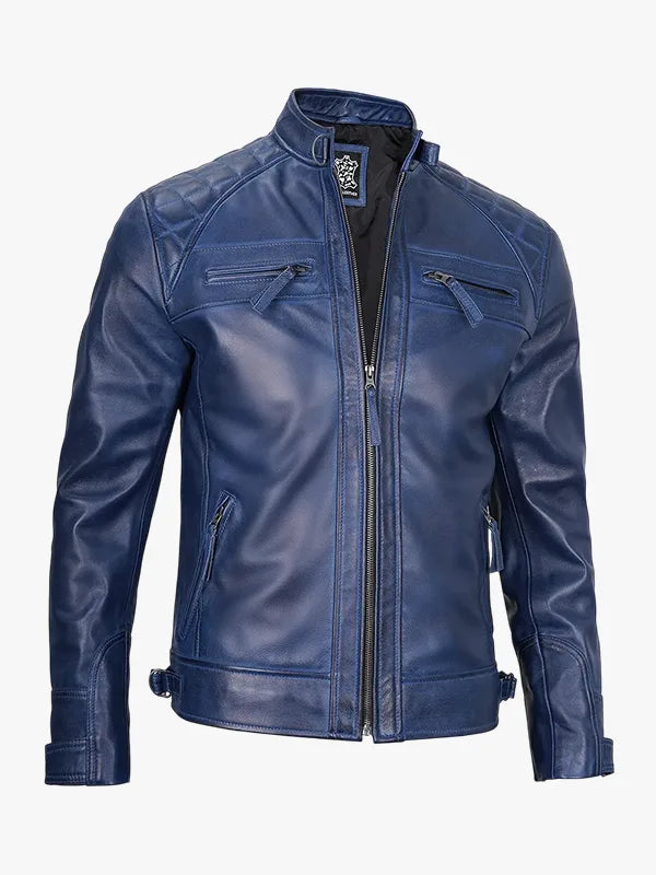 Waxed Quilted Shoulder Café Racer Leather Jacket Men's