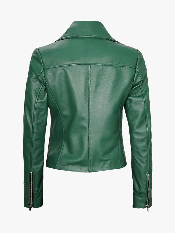 Women Green Motorcycle Lapel Collar Jacket