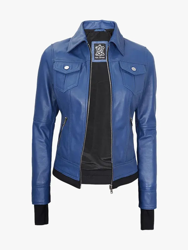 Women Blue Bomber Jacket With Hooded