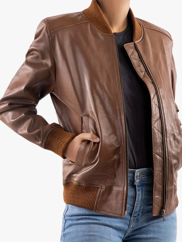 Women Classic Baseball Cognac Brown Leather Bomber Style Jacket