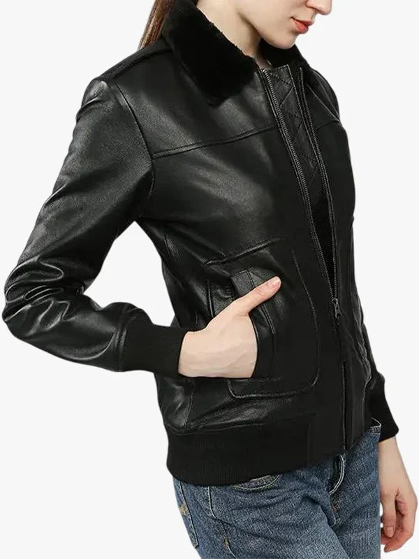Women Gemma Black Bomber Leather Jacket