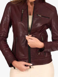 Women Giulia Bordeaux Vegetable Leather Biker Jacket